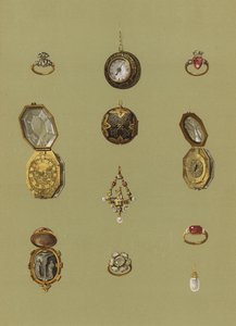 Diamantring, Gullklokke, Bloodstone Cameo, Gullklokke, Jeweled Solitaire, Opal Mourning Ring of Mary Queen of Scots, Gold Ring of the Princess Elizabeth, Gold Watch of Octagonal Form, Gold Ring, Pearl Earring av English School
