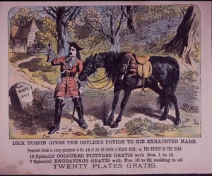 Dick Turpin med hesten sin Black Bess på vei til York (farge litho) av English School