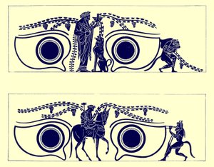 Dionysos, Hephaistos and satyrs, illustrasjon fra greske vasemalerier av J. E. Harrison og D. S. MacColl, utgitt 1894 (digitalt forbedret bilde) av English School
