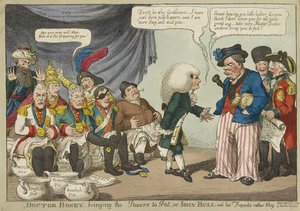Doctor Boney_bringing the Powers to Pot, eller John Bull og vennene hans ganske sjenerte, pub. 1808 (håndfarget gravering) av English School