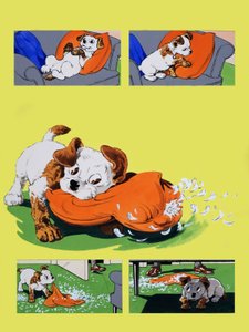 Hund kaut auf einem Kissen