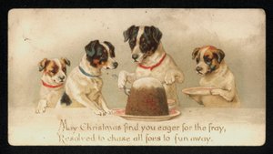 Hunder som serverer en julepudding, gratulasjonskort. (chromolitho) av English School