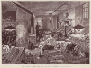 Sovesal ved politiprefekturet for Paris, Frankrike (litho) av English School
