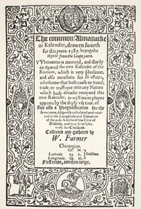 Double Almanack (vanlig og ny) og Prognostication for Dublin for 1587, av W. Farmer, trykt av Watkins og Roberts, 1587 av English School