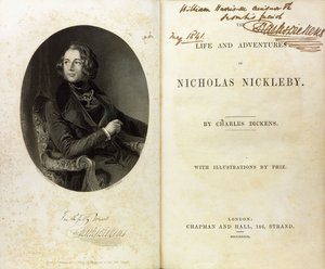 Dobbeltsideoppslag med et portrett av Dickens, og en dedikasjon av Dickens til William Harrison Ainsworth av English School