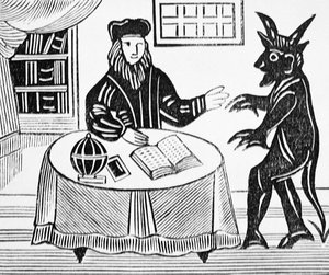 Dr. Faustus in Counsel with the Devil, fra Gents oversettelse av Dr. Faustus av Christopher Marlowe (1564-93) 1648 fra en samling kapittelbøker om esoterica av English School