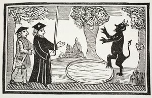 Dr. Faustus raiser the Devil, illustrasjon fra Chap-books of the Eighteenth Century av John Ashton, pub. 1882 av English School