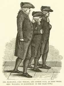 Dr. Hamilton, John Wesley og Joseph Cole, slik de ble sett vandrende i Edinburgh i år 1790 (gravering) av English School