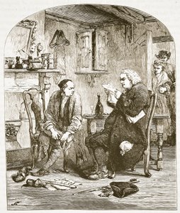 Dr. Johnson leser manuskriptet til Vicar of Wakefield, illustrasjon fra Cassells Illustrated History of England (sepiafoto) av English School