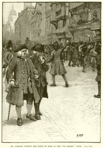 Dr. Johnson ser på scenen for noen av No Popery Riots av English School