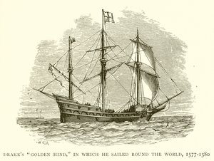 Drakes Golden Hind, der han seilte verden rundt, 1577-1580 av English School