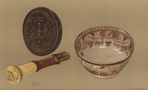 Drakes spaserstokk, og punch-bollen til Captain Cook (chromolitho) av English School