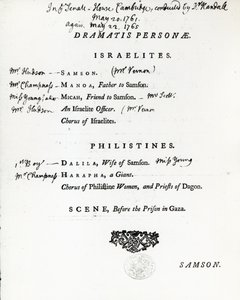 Dramatis Personae for Samson, et oratorium av Handel, utgitt i 1759 av English School
