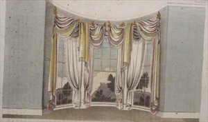 Draperier for sirkulære vinduer, plate 108 fra Ackermanns Repository of Arts, utgitt 1820 (farge litho) av English School