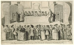 Tegning av statslotteriet i Guildhall i 1763 av English School