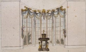 Tegnestuevindusgardin og jardiniere, plate 101 fra Ackermanns Repository of Arts, utgitt fra 1809-28 (farge litho) av English School