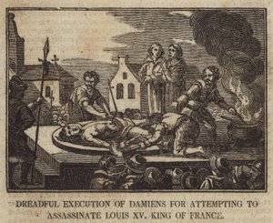 Fryktelig henrettelse av Damiens for forsøk på å myrde Ludvig XV, konge av Frankrike av English School