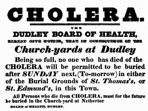 Dudley Board of Health-plakat som kunngjør begravelsesprosedyren for mennesker som har dødd av kolera, ca. 1840-tallet
