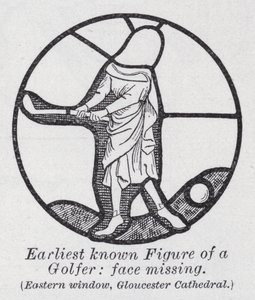 Tidligste kjente figur av en golfspiller, ansikt mangler, østvindu, Gloucester Cathedral (litho) av English School
