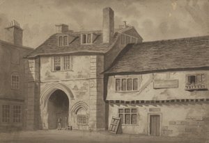 Østutsikt over porten til Abbey of St Saviour, Bermondsey, ca. 1825 (penn, blyant og vask på papir) av English School