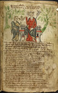 Edward II sitter på en trone, med septer i venstre hånd, og berører kronen med høyre hånd. En liten figur (muligens en personifisering av Wales) tilbyr ham en annen krone (sannsynligvis Skottlands krone). Det antas at den andre figuren er en av English School