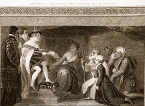 Edward VI gir Charter for Hospitals, illustrasjon fra David Humes The History of England, pub. av R. Bowyer, London, 1812 88: av English School
