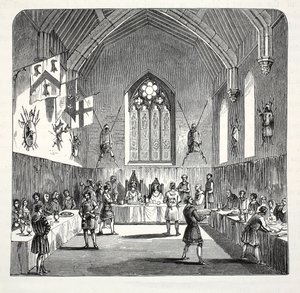 Edward den første og dronning Eleanor holder jul på Conway Castle, pub. 1800-tallet (stålgravering) av English School