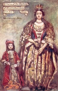 Avbildninger av hertuginnen av Buckingham og sønnen hennes ved Westminster Abbey (fargelitografi) av English School