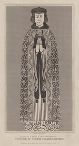 Dukke, på en messingplate, eller Robert de Eglesfield, kapellan til Philippa av Hainault og grunnlegger av Queen#39;s College, Oxford (gravering) av English School