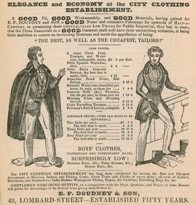 Eleganse og økonomi ved City Clothing Establishment; E P Doudney & Son, 49 Lombard Street, London av English School