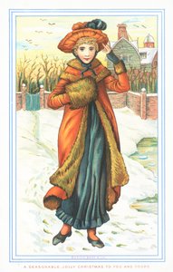 Elegant dame i snø, julekort av English School