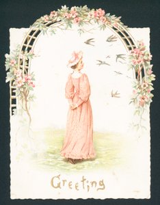 Elegant dame som står under buegang, julekort av English School