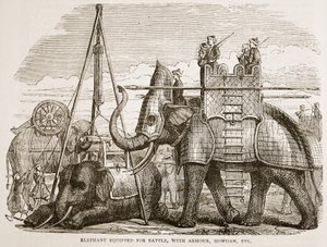 Elefant utstyrt for kamp, med rustning, howdah, etc., illustrasjon fra Cassells Illustrated History of India av James Grant, pub. 1879 av English School