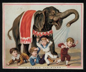Elefant som lekende dusjer barn med vann, julehilsenskort. (chromolitho) av English School