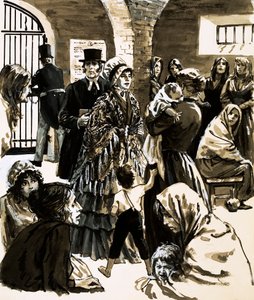 Elizabeth Fry ble en forkjemper for fengselsreform etter å ha besøkt Newgate Prison (gouache på papir) av English School