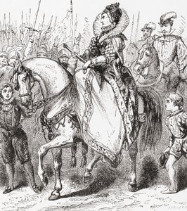 Elizabeth I inspiserer troppene sine ved Tilbury Port, 1588, fra Ward and Locks Illustrated History of the World, pub. ca. 1882 av English School