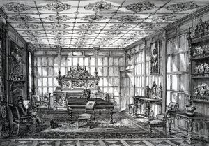 Elizabethan Dining Room, publisert i The House-Furnisher & Decorator, 1. oktober 1872 av English School