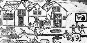 Elizabethan Street Scene, fra A Book of Roxburghe Ballads av English School