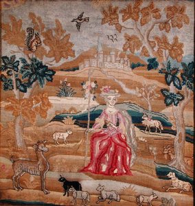 Brodert panel som viser en gjeterinne foran en landsby (silke) av English School