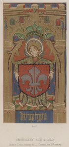 Broderi, silke og gull, under en gotisk baldakin etc., tysk, sent 1400-tall (fargelitografi) av English School