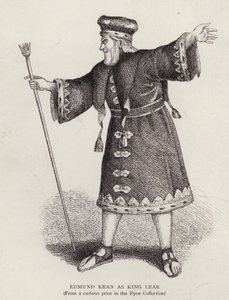Den engelske skuespilleren Edmund Kean i tittelrollen i Shakespeares King Lear (litho) av English School