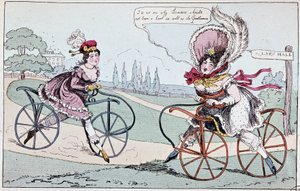Engelsk tegneserie om hobbyhester i 1819 (første sykler) - i "" Teoretisk og praktisk sykling"" av Baudry de Saulnier av English School