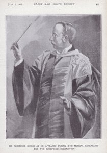 Engelsk komponist, organist og dirigent Sir Frederick Bridge øver for den utsatte kroningen av kong Edward VII av English School