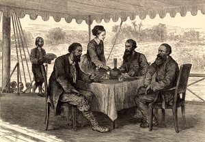 De engelske oppdagelsesreisende John Hanning Speke (1827–1864) og James Augustus Grant (1827–1892) ved Gondokoro i Sør-Sudan på slutten av ekspedisjonen sin, hvor de ble møtt av Samuel (1821–1893) og Florence (1841–1916) Baker (gravering) av English School