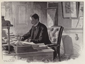 Den engelske politikeren George Curzon på jobb på kontoret sitt på India Office (litho) av English School