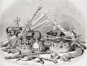 Engelsk regalia, fra Old England: A Pictorial Museum, pub. 1847 av English School