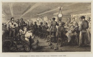 Underholdning til admiral Dundas, om bord på HMS "Wellington," Baltic Fleet (farge litho) av English School