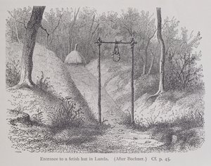 Inngang til en fetisjhytte i Lunda, fra The History of Mankind, Vol.1, av Prof. Friedrich Ratzel, 1896 av English School