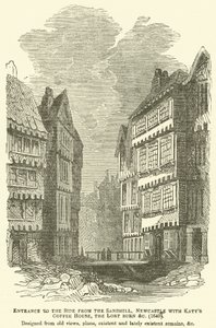 Inngang til siden fra Sandhill, Newcastle med Katys Coffee House, Lort Burn etc, 1640, designet fra gamle utsikter, planer, eksisterende og nylig eksisterende rester, etc. av English School
