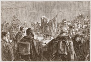 Episcopius henvender seg til medlemmene av synoden i Dort, illustrasjon fra The History of Protestantism av James Aitken Wylie (1808-1890), pub. 1878 av English School